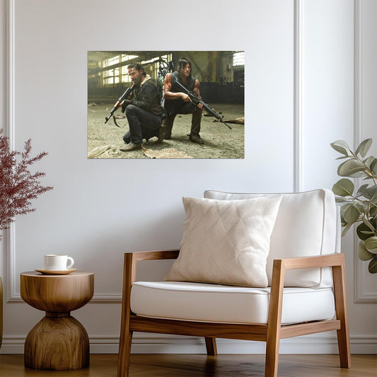 The Walking Dead Rick Grimes & Daryl Dixon | Crouching with Weapons | Action Horror Poster - Movies & TV Poster
