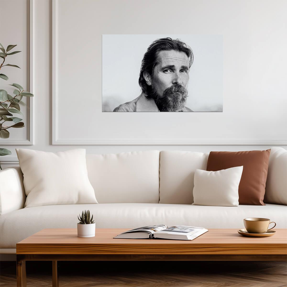 Christian Bale Black and White Portrait | Dramatic Actor Photo | Monochrome Wall Art Poster - Celebrities Poster