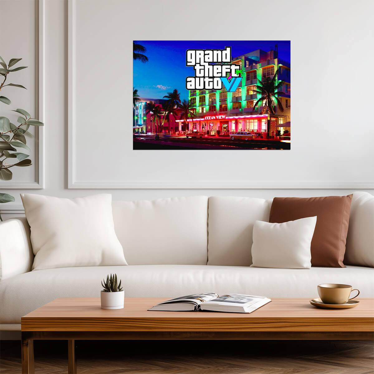 Grand Theft Auto VI Fan Art Ocean View Hotel | Vice City Neon Poster | Modern Gaming Wall Art - Video Games Poster