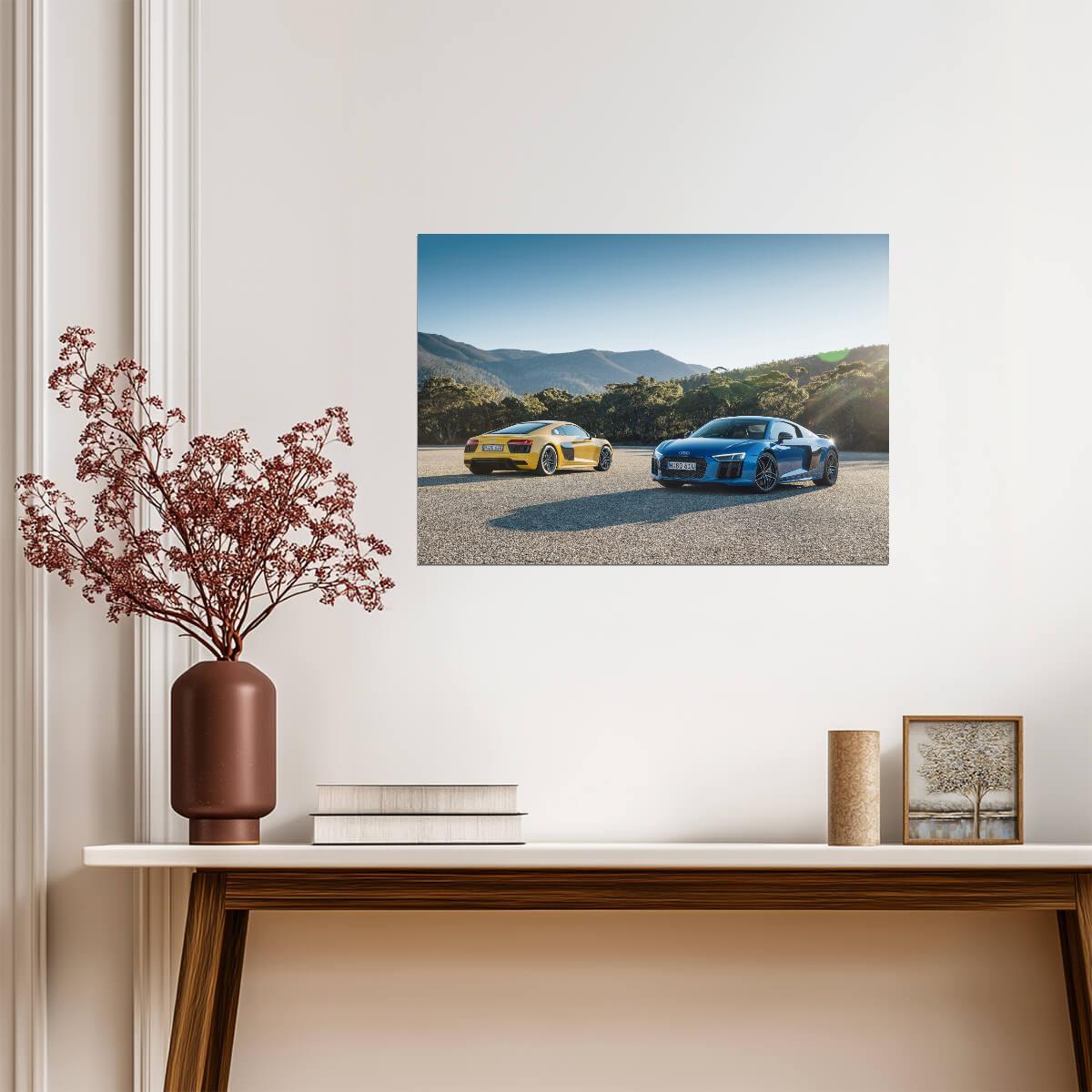 Two Audi R8 V10 Plus (Gen 2) | Blue & Yellow Supercars Poster | German Sports Cars in Mountains - Cars Poster