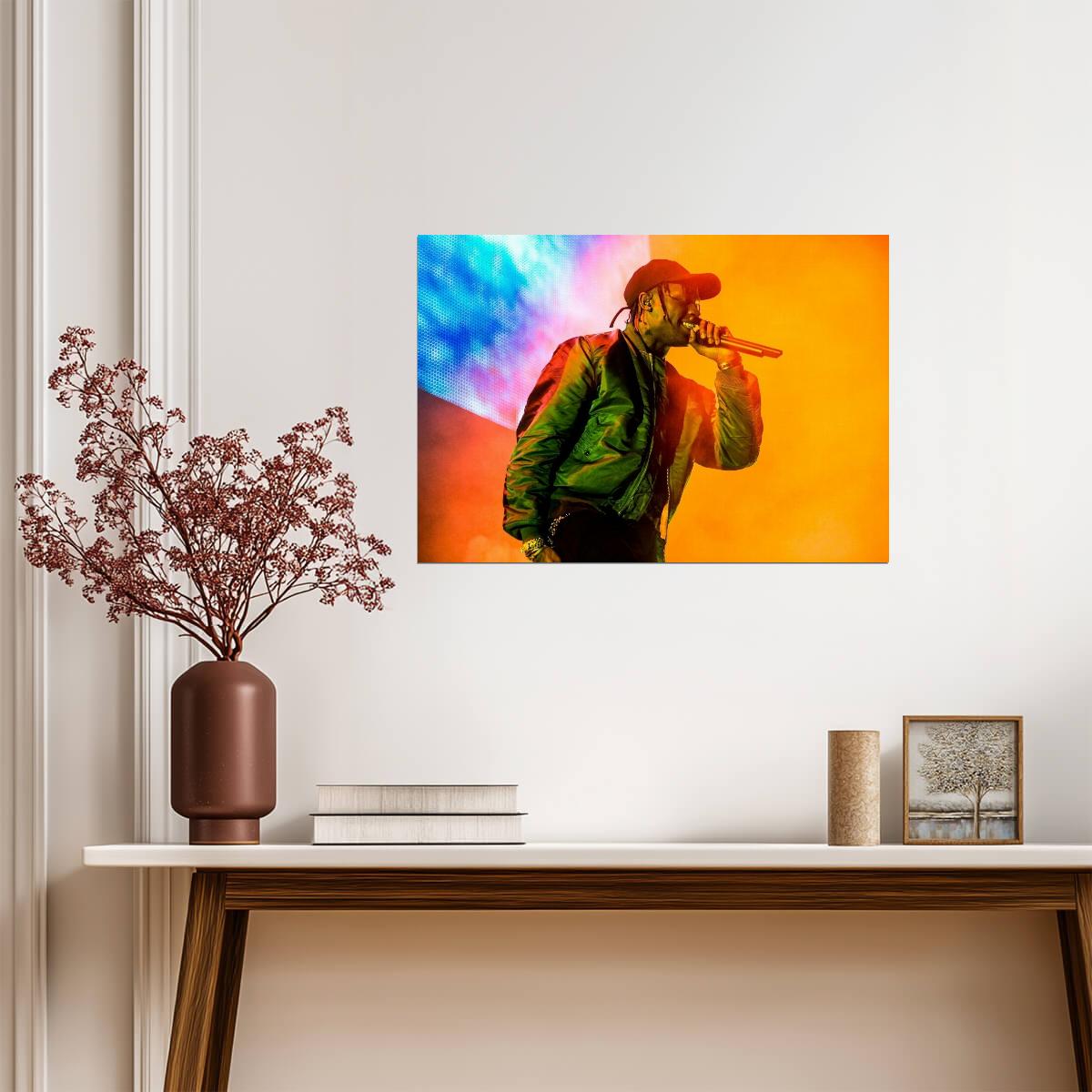 Travis Scott Green Jacket | Live Concert with Orange Smoke | Rapper Wall Art Poster - Music Poster