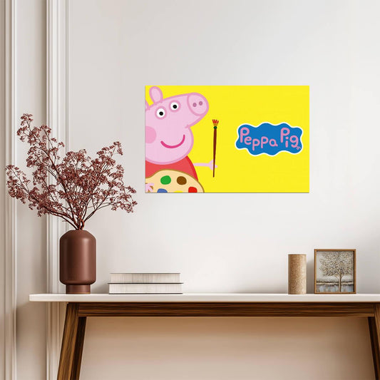 Peppa Pig with Paintbrush | Yellow Background Art | Creative Nursery Poster - Movies & TV Poster