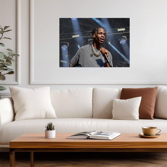 Travis Scott Grey Tee & Chains | Live Singing Portrait | Rap Music Star Poster - Music Poster