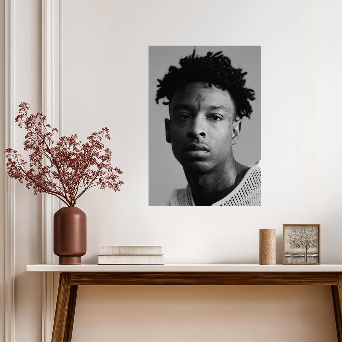 21 Savage B&W Portrait | Mesh Shirt Photoshoot Poster | Hip Hop Star Wall Art - Music Poster