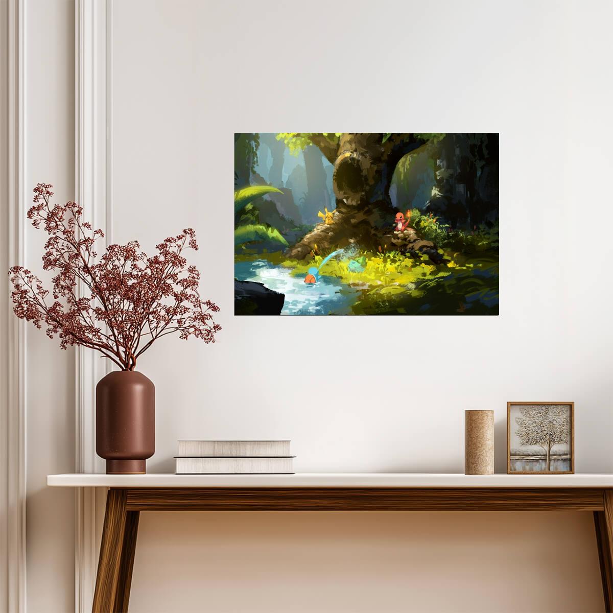 Pokemon Pikachu & Starters in Forest | Tranquil Nature Scene Poster | Gaming Room Decor - Video Games Poster