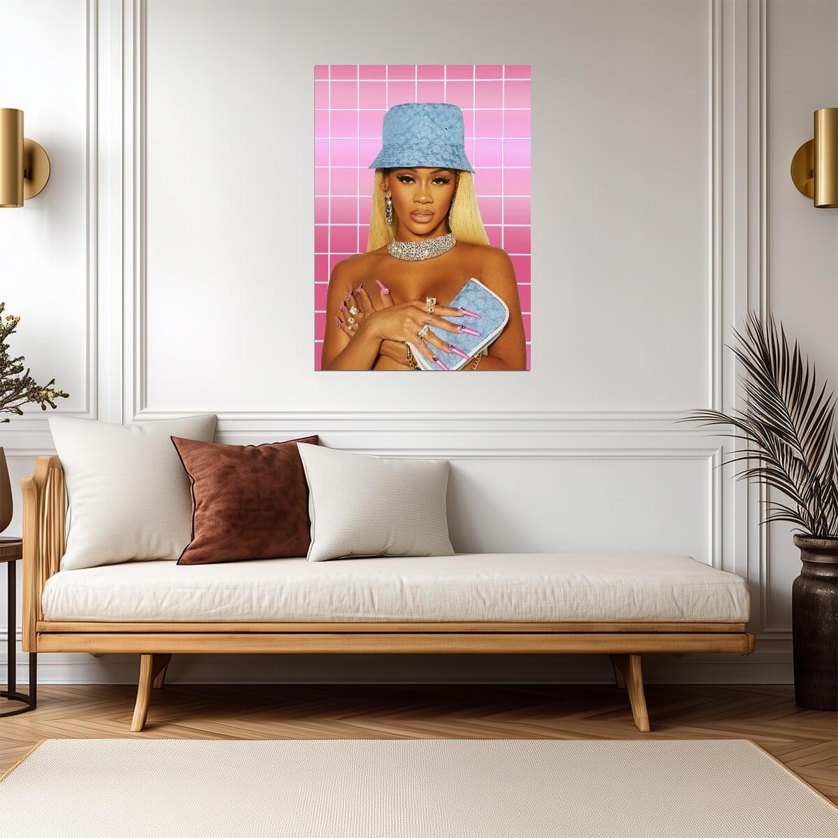 Saweetie in Blue Bucket Hat | Female Rapper Poster | Pink Aesthetic Music Art - Music Poster