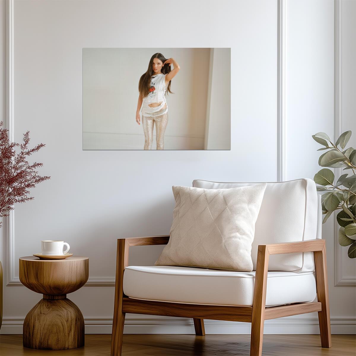 Olivia Rodrigo White Ripped Tee | Silver Pants Studio Photo | Pop Singer Poster - Music Poster