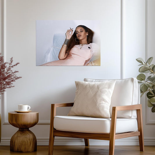 Rihanna Smoking in Pink Slip Dress | Photoshoot Poster | Celebrity Wall Art - Music Poster
