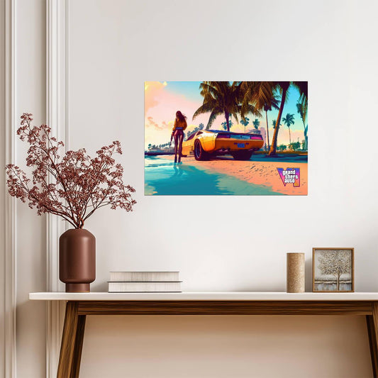 Grand Theft Auto VI Fan Art Woman on Beach | Vice City Style Poster | AI Generated Game Decor - Video Games Poster