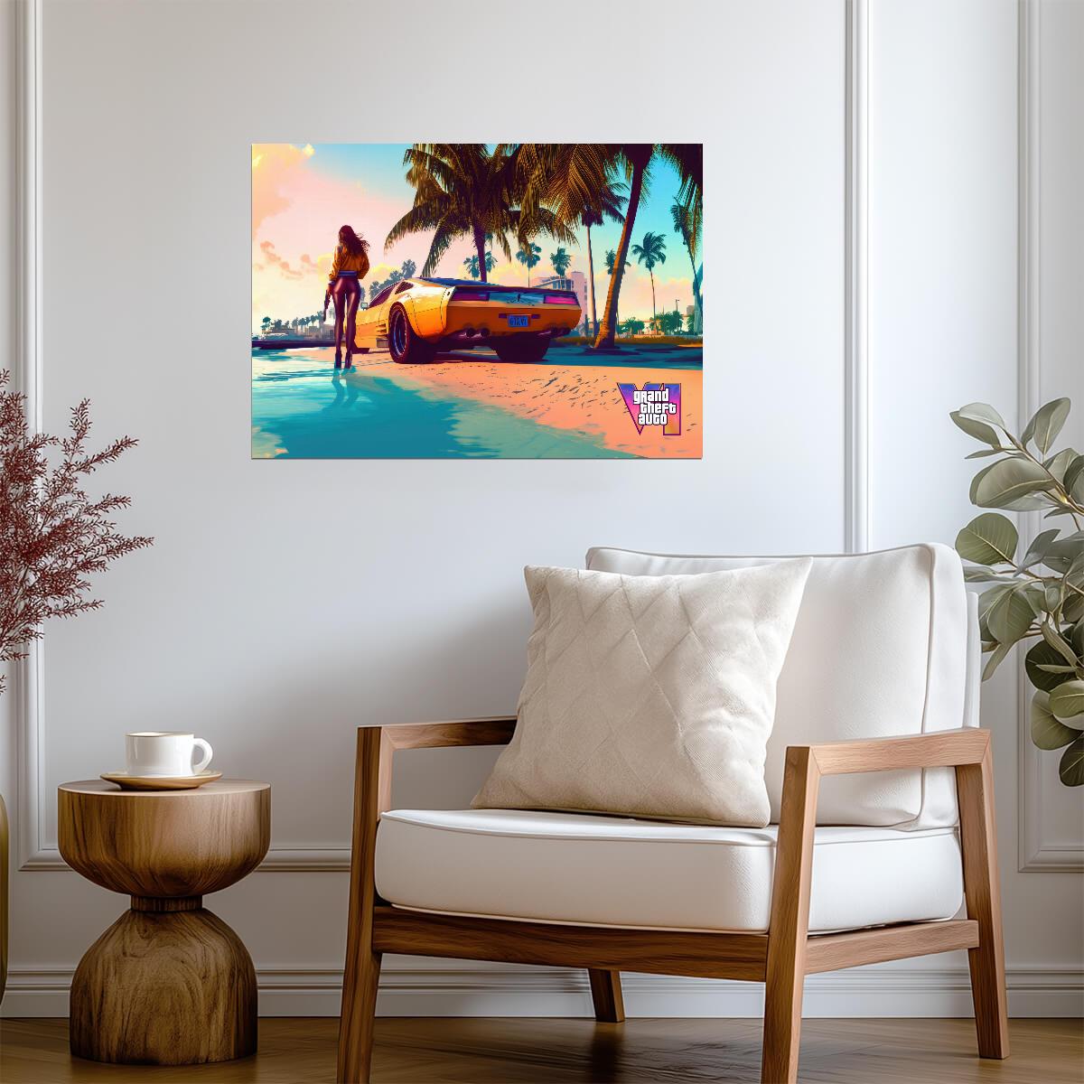 Grand Theft Auto VI Fan Art Woman on Beach | Vice City Style Poster | AI Generated Game Decor - Video Games Poster