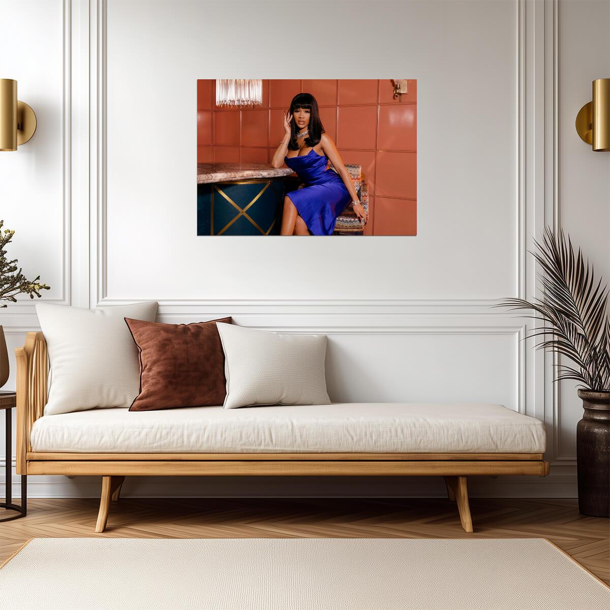 Saweetie in Blue Satin Dress | Glamorous Photoshoot Poster | Modern Female Rapper Art - Music Poster