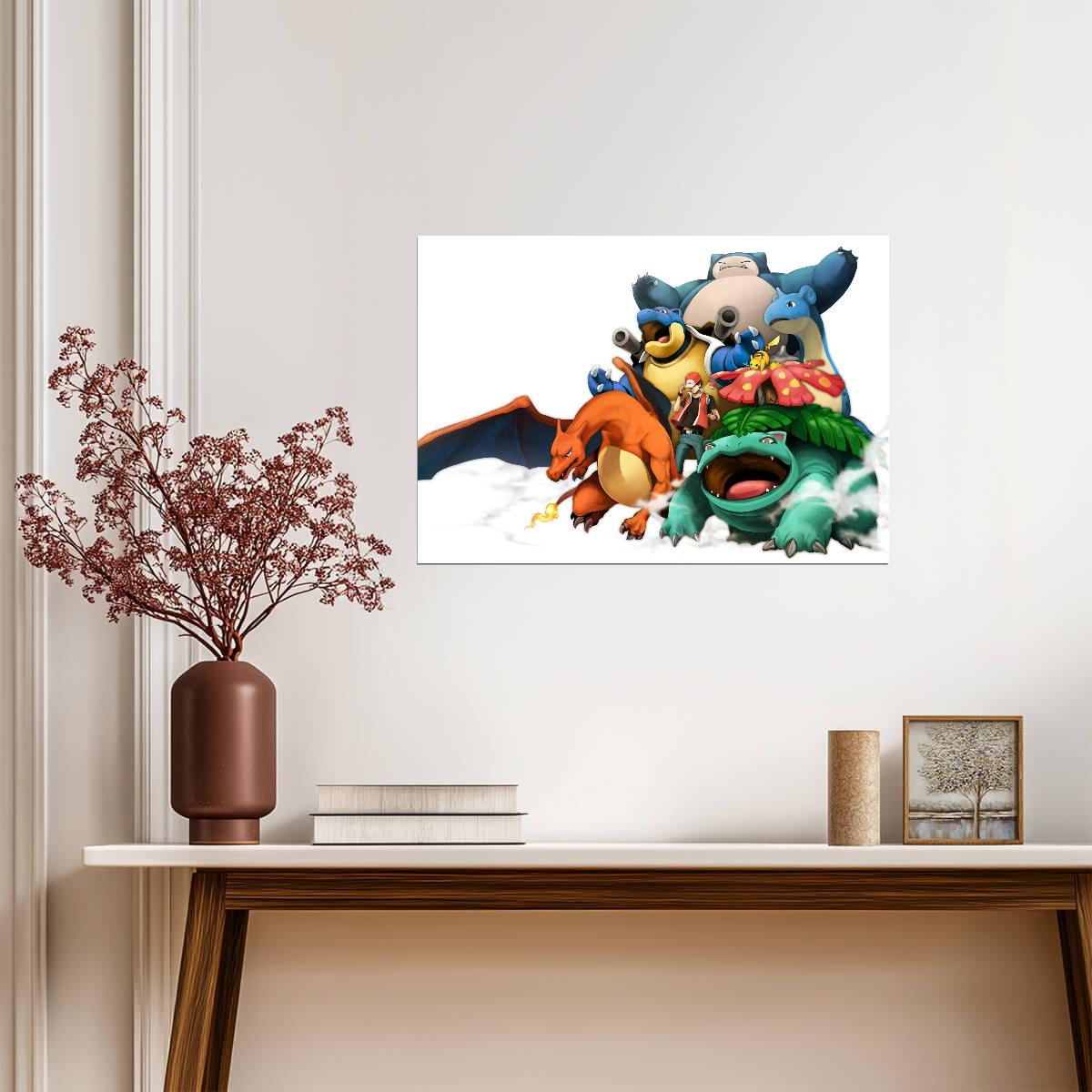 Pokemon Trainer Red & Kanto Team | Classic Anime Art Poster | Retro Game Fan Gift - Video Games Poster