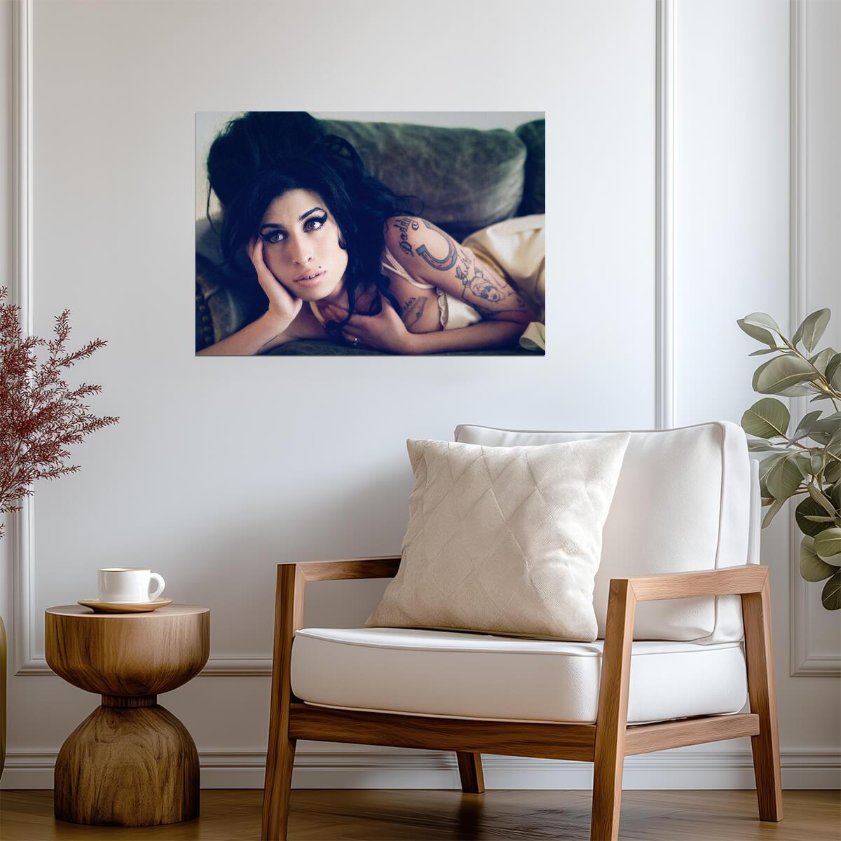 Amy Winehouse Lying on Couch | Tattoo Portrait Poster | Vintage Music Legend Art - Music Poster