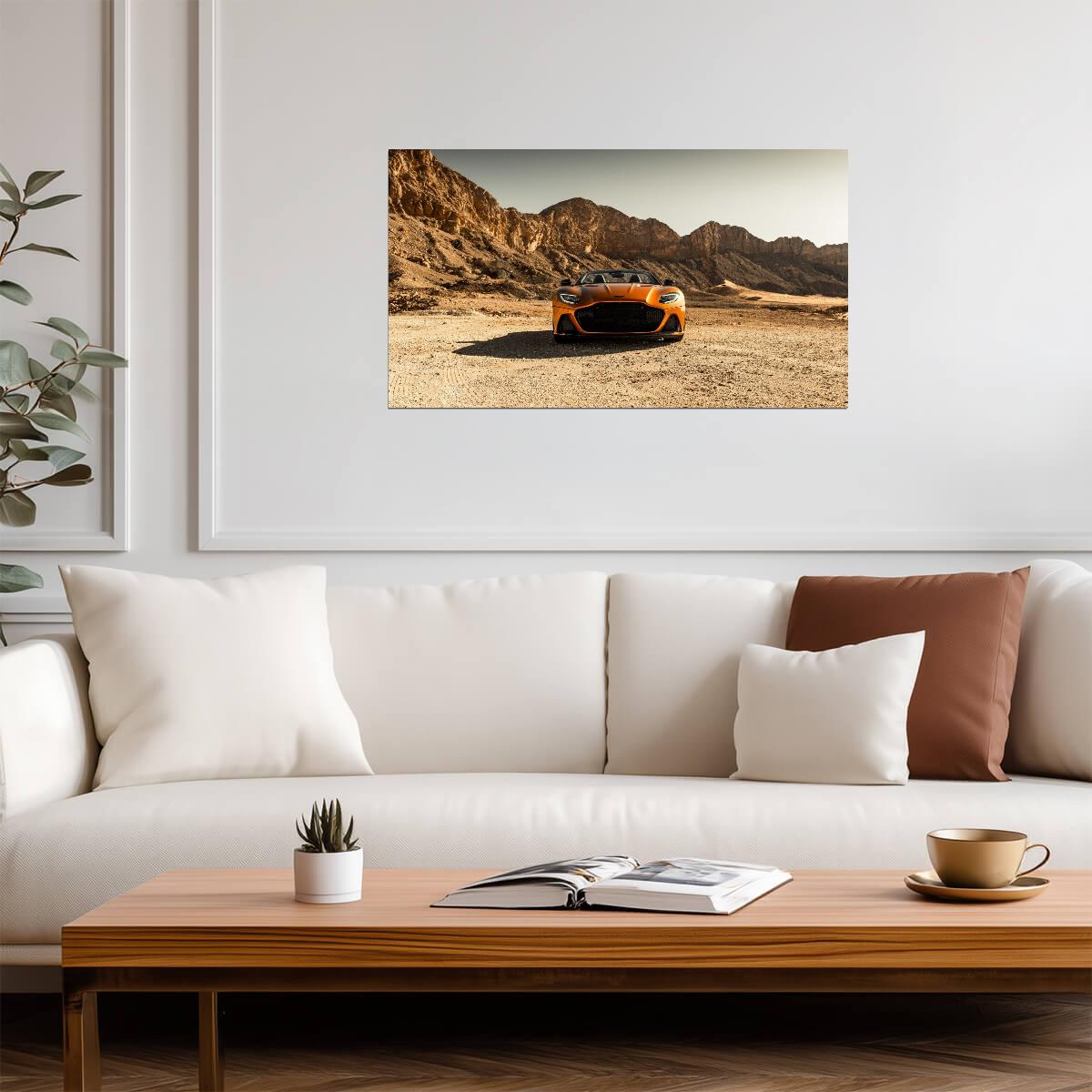 Aston Martin DBS Superleggera Volante | Orange Super GT Poster | British Convertible in Desert - Cars Poster