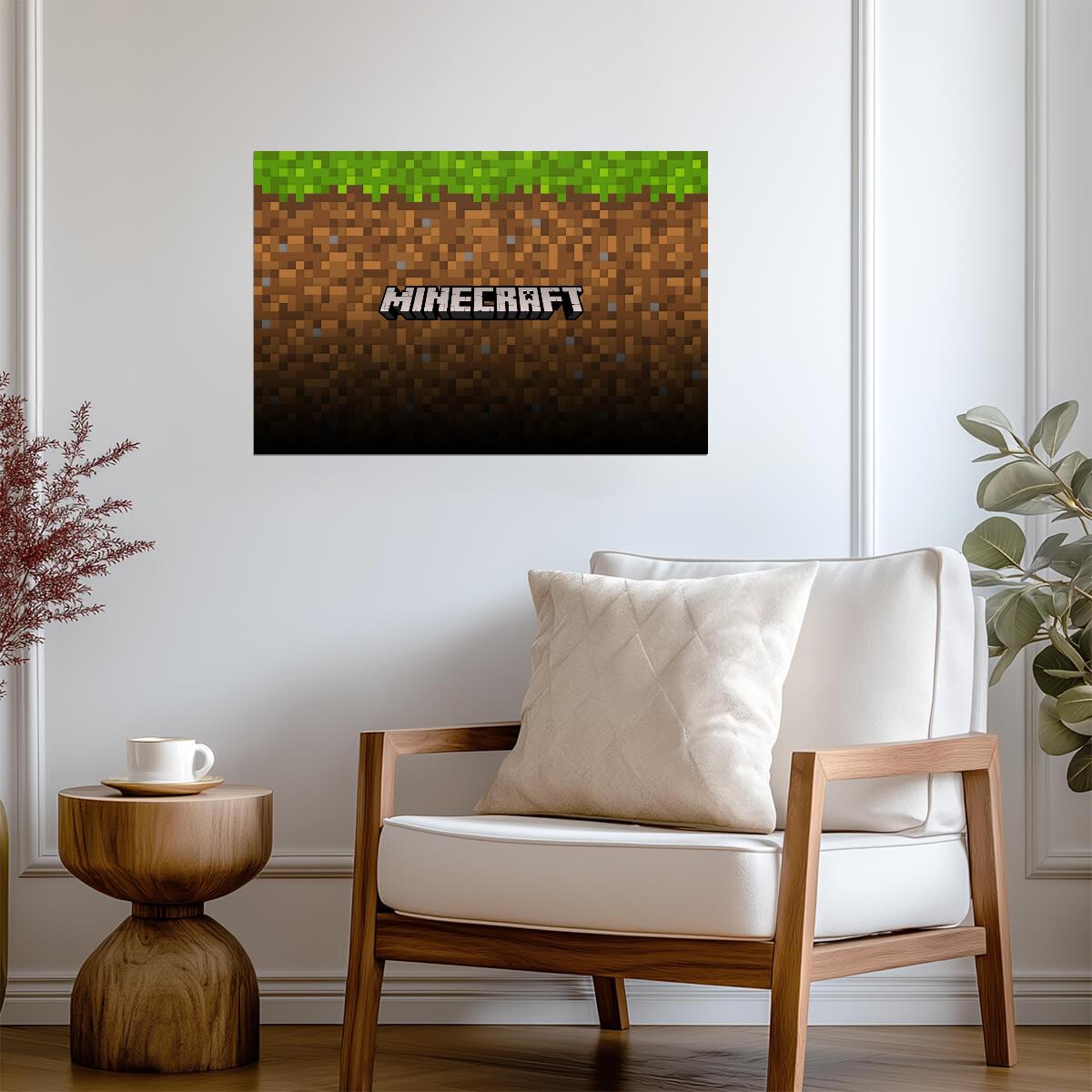 Minecraft Logo on Grass & Dirt Block | Minimalist Game Poster | Pixel Art Wall Decor - Video Games Poster