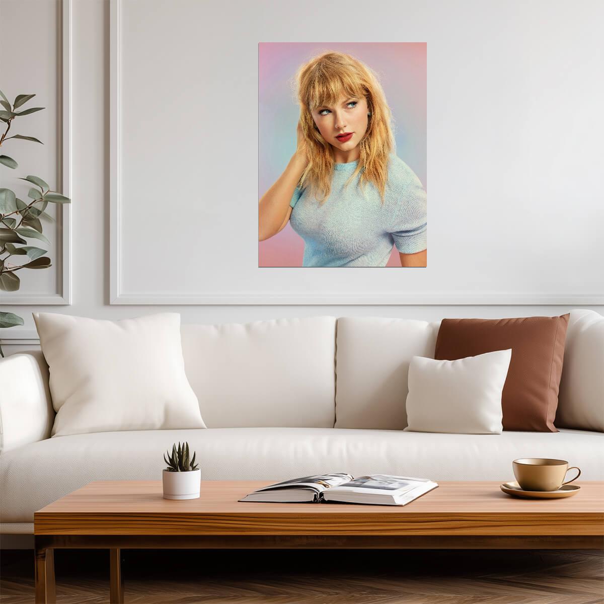 Taylor Swift Blue Sweater Red Lips | Music Star Poster | Lover Era Wall Art - Music Poster