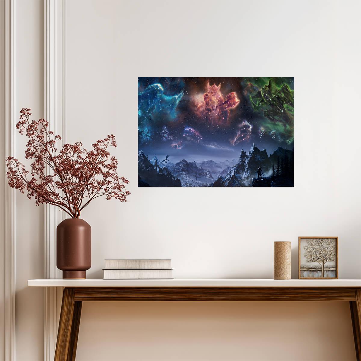 Skyrim Constellations Night Sky | Fantasy Landscape Poster | Gamer Gift Wall Art - Video Games Poster