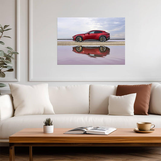 Ferrari Purosangue | Red Italian Super SUV Poster | Beach Reflection Photography - Cars Poster