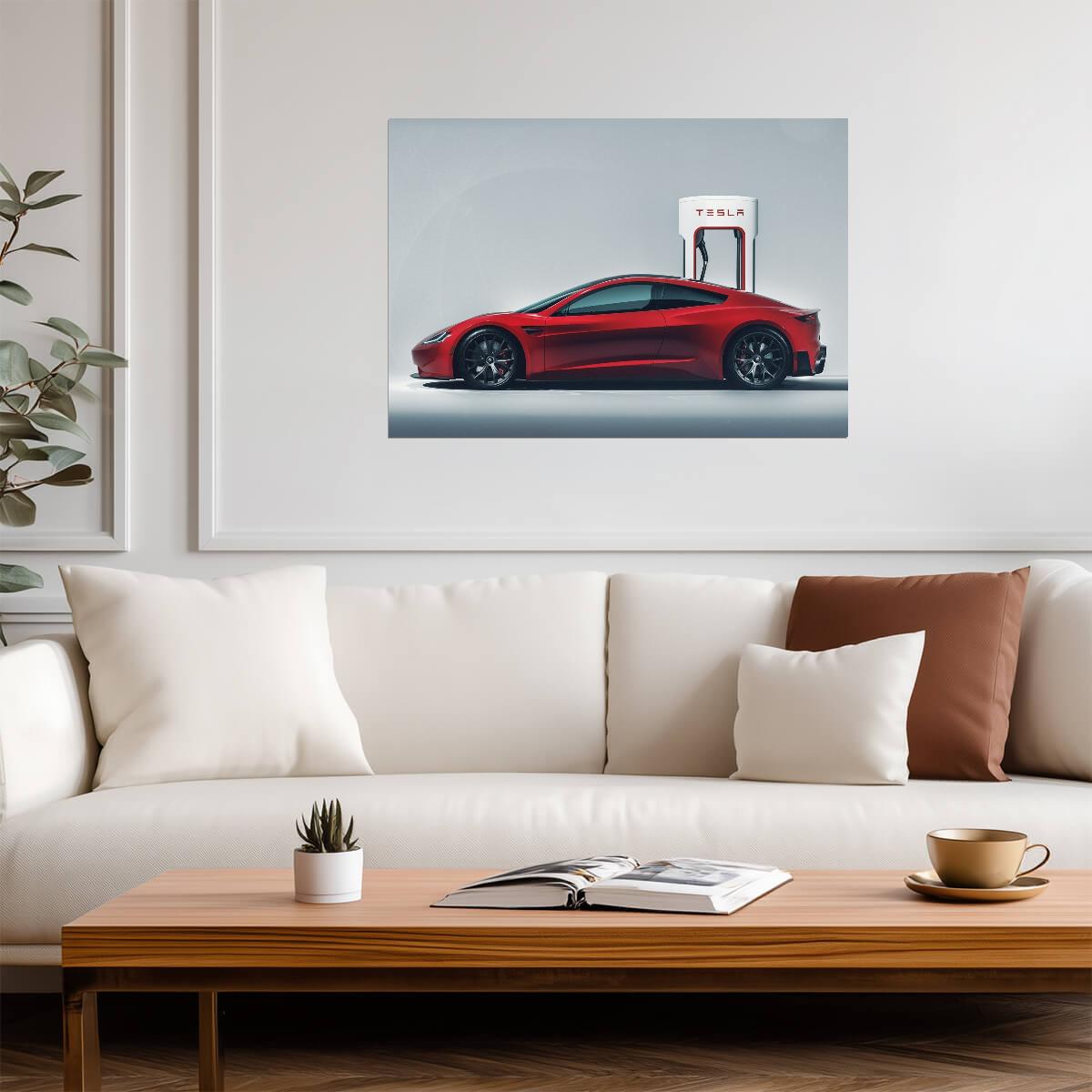 Tesla Roadster Gen 2 | Red Electric Supercar Poster | Studio Shot with Supercharger - Cars Poster