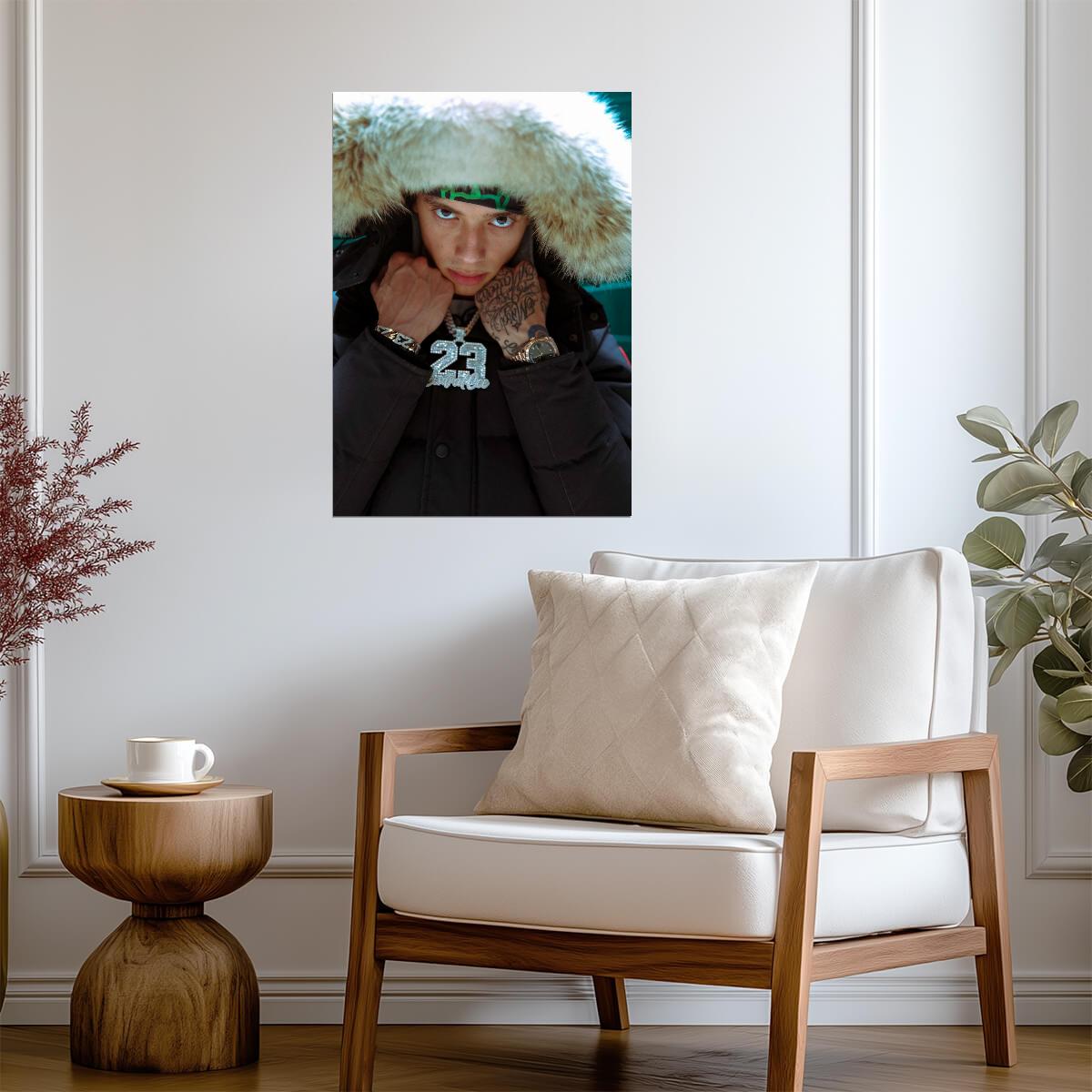 Central Cee in Fur Hood Jacket | Close Up Portrait Poster | UK Rap Star 23 Chain - Music Poster