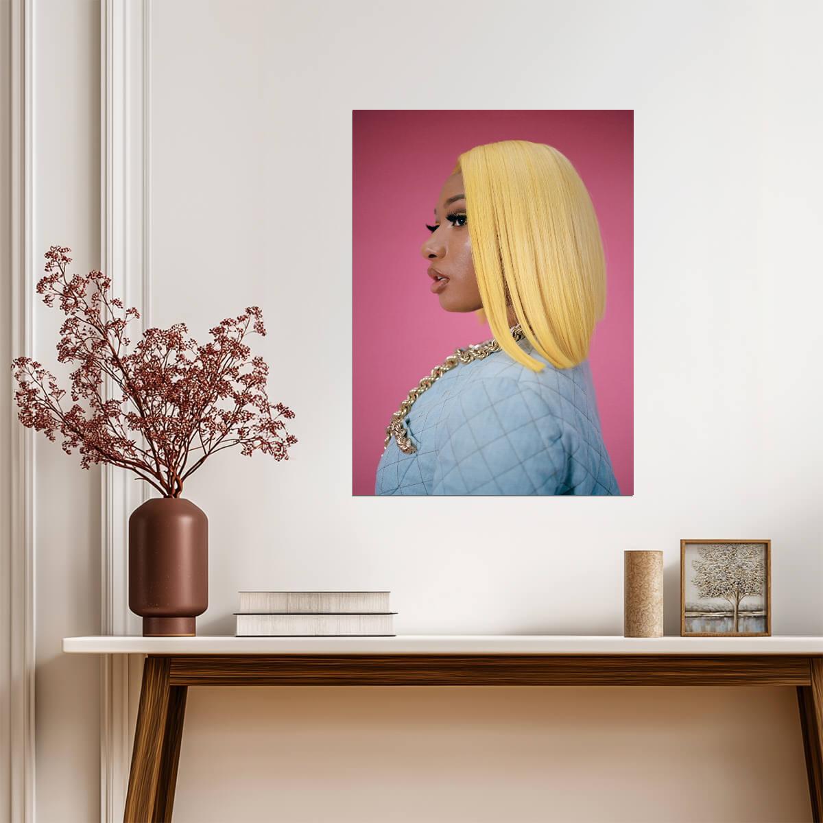 Megan Thee Stallion Yellow Bob Wig | Pink Background Poster | Hip Hop Star Fashion Art - Music Poster