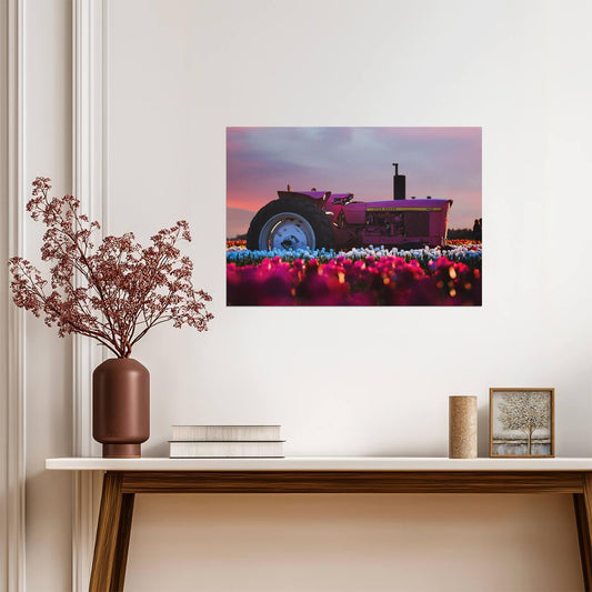 Pink John Deere 2630 Tractor | Farm Art Print | Vintage Tractor in Tulip Field Poster - Cars Poster