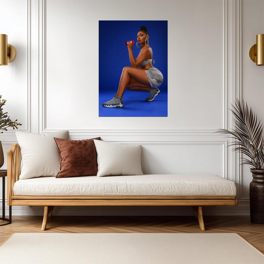 Megan Thee Stallion Grey Camo Outfit | Blue Background Poster | Hip Hop Star Wall Art - Music Poster