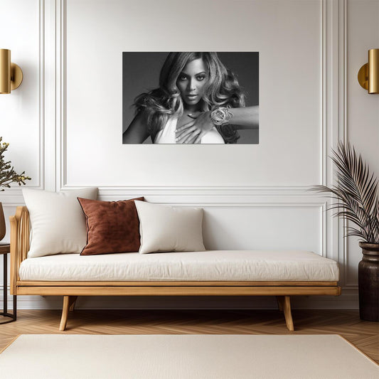 Beyonce Black and White Portrait | Pop Music Icon Poster | Elegant Monochrome Wall Art - Music Poster
