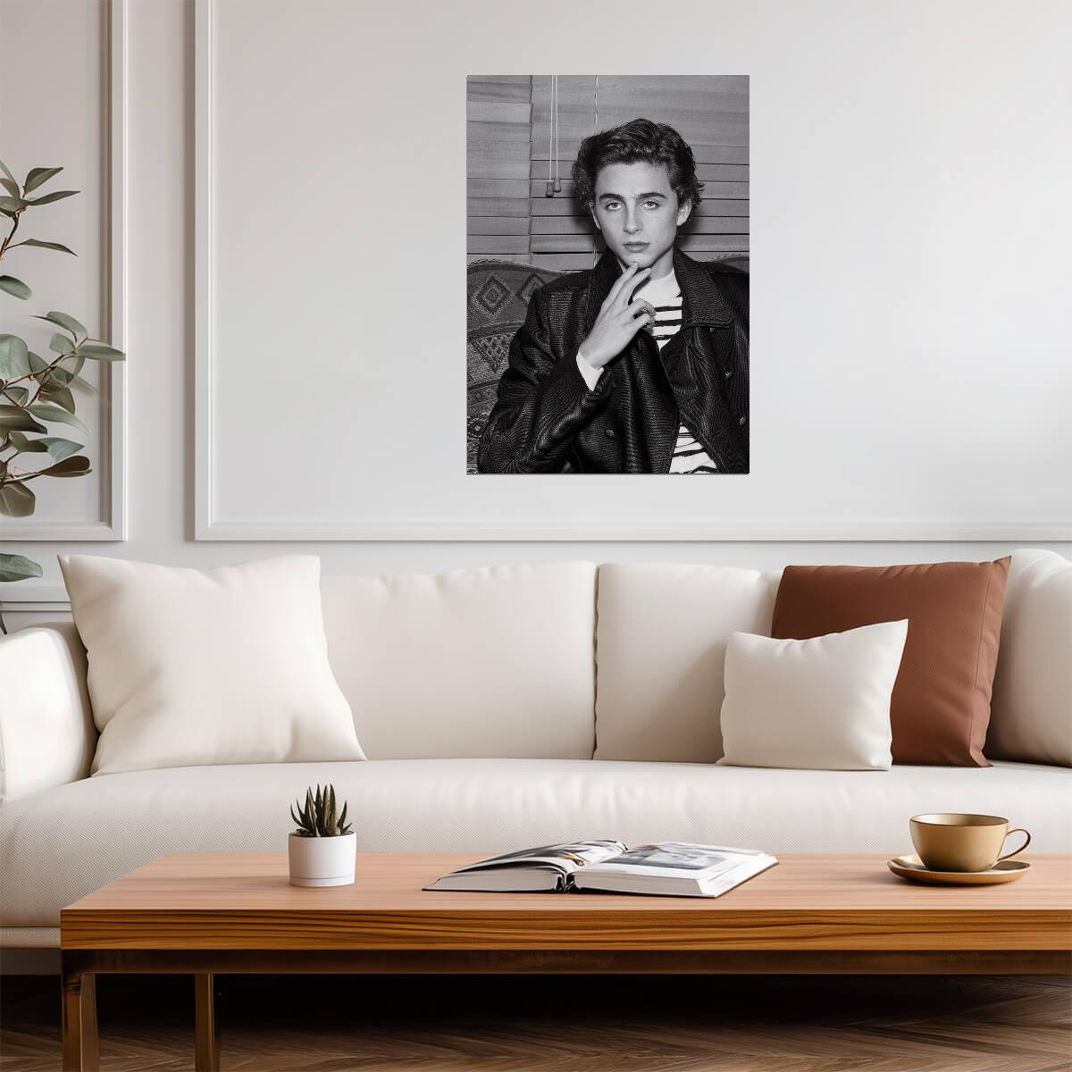 Timothée Chalamet Leather Jacket | Black and White Portrait | Celebrity Actor Poster - Celebrities Poster