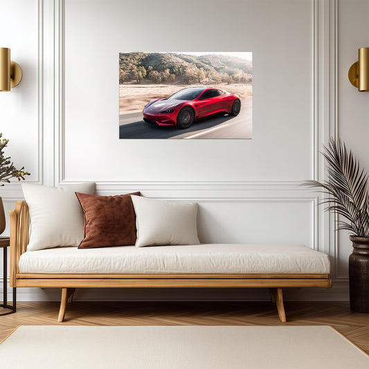Tesla Roadster Gen 2 in Motion | Red Electric Supercar Poster | Winding Road Automotive Photography - Cars Poster