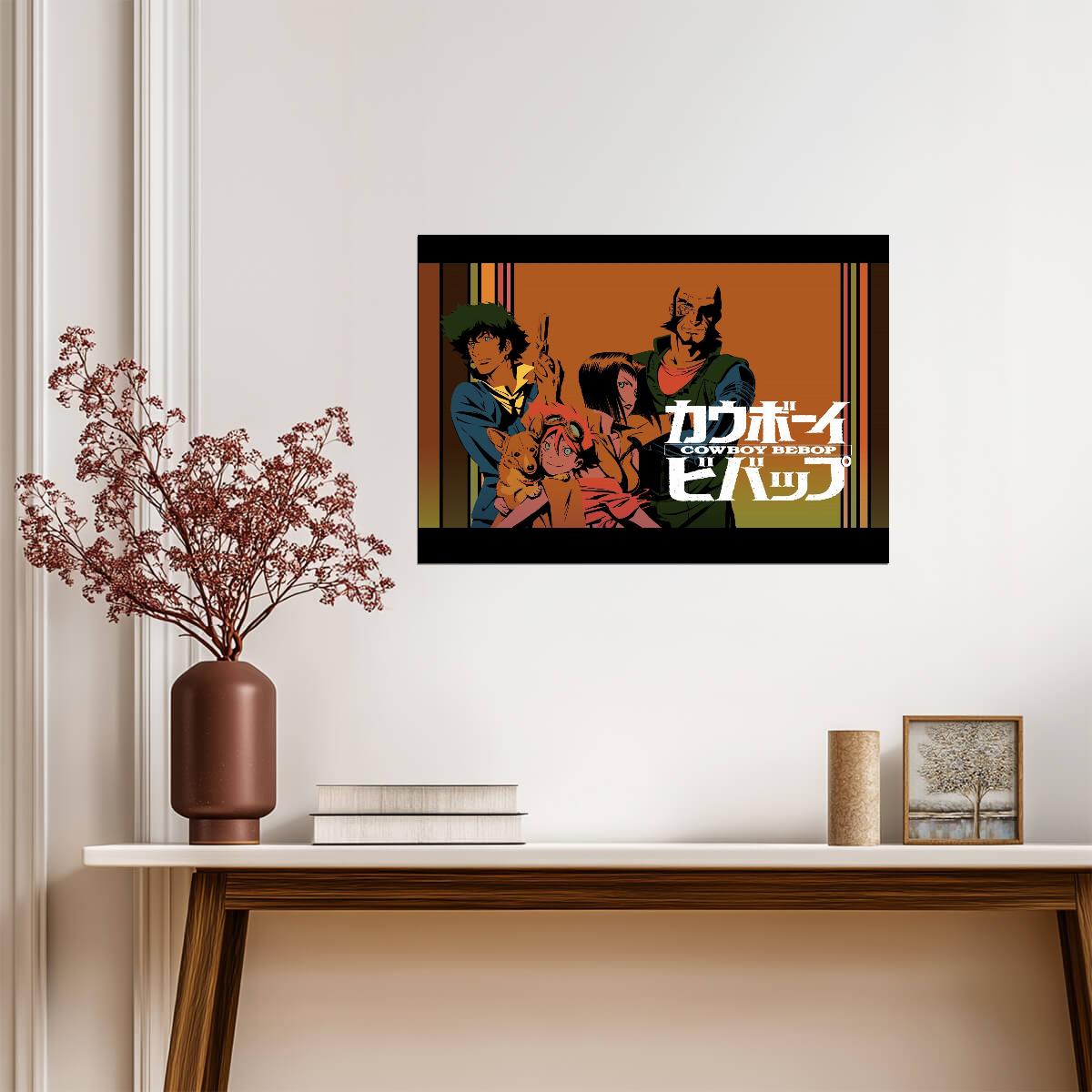 Cowboy Bebop Poster | Spike, Faye, Jet, Edward and Ein | Orange Background Illustration - Anime Poster