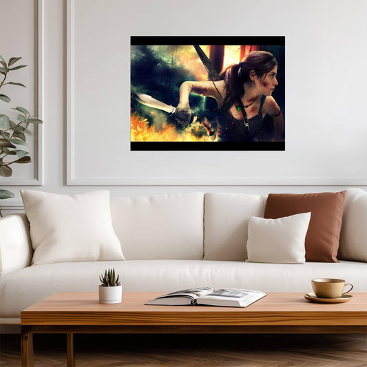 Tomb Raider Poster | Lara Croft's Profile Against Fire and Smoke - Video Games Poster
