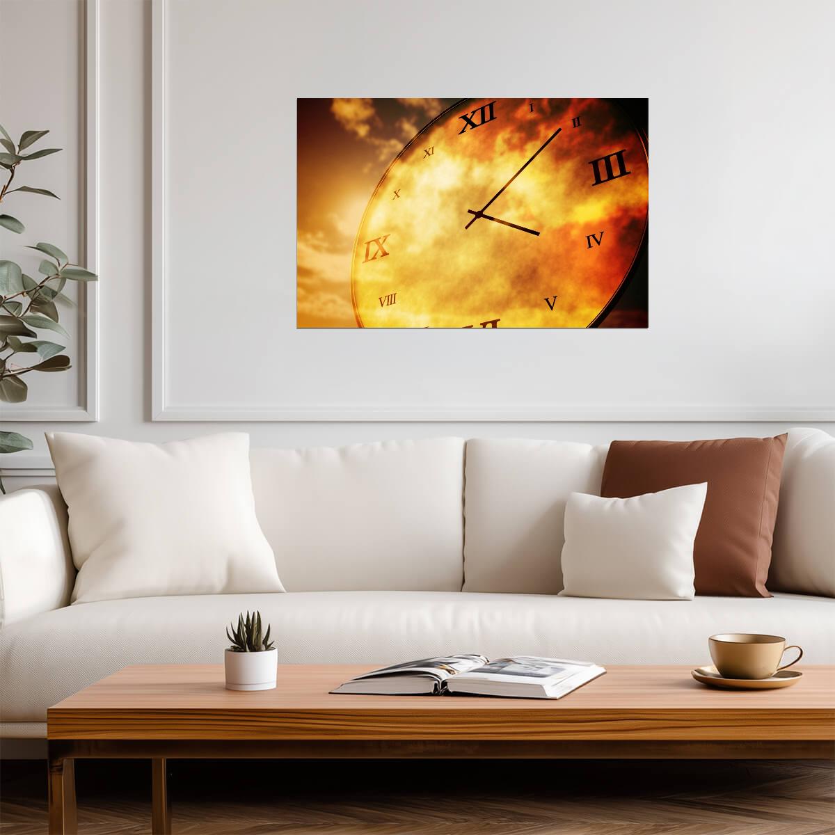 Clock in Golden Clouds Poster | Surreal Wall Art Print - Graphic & Art Poster