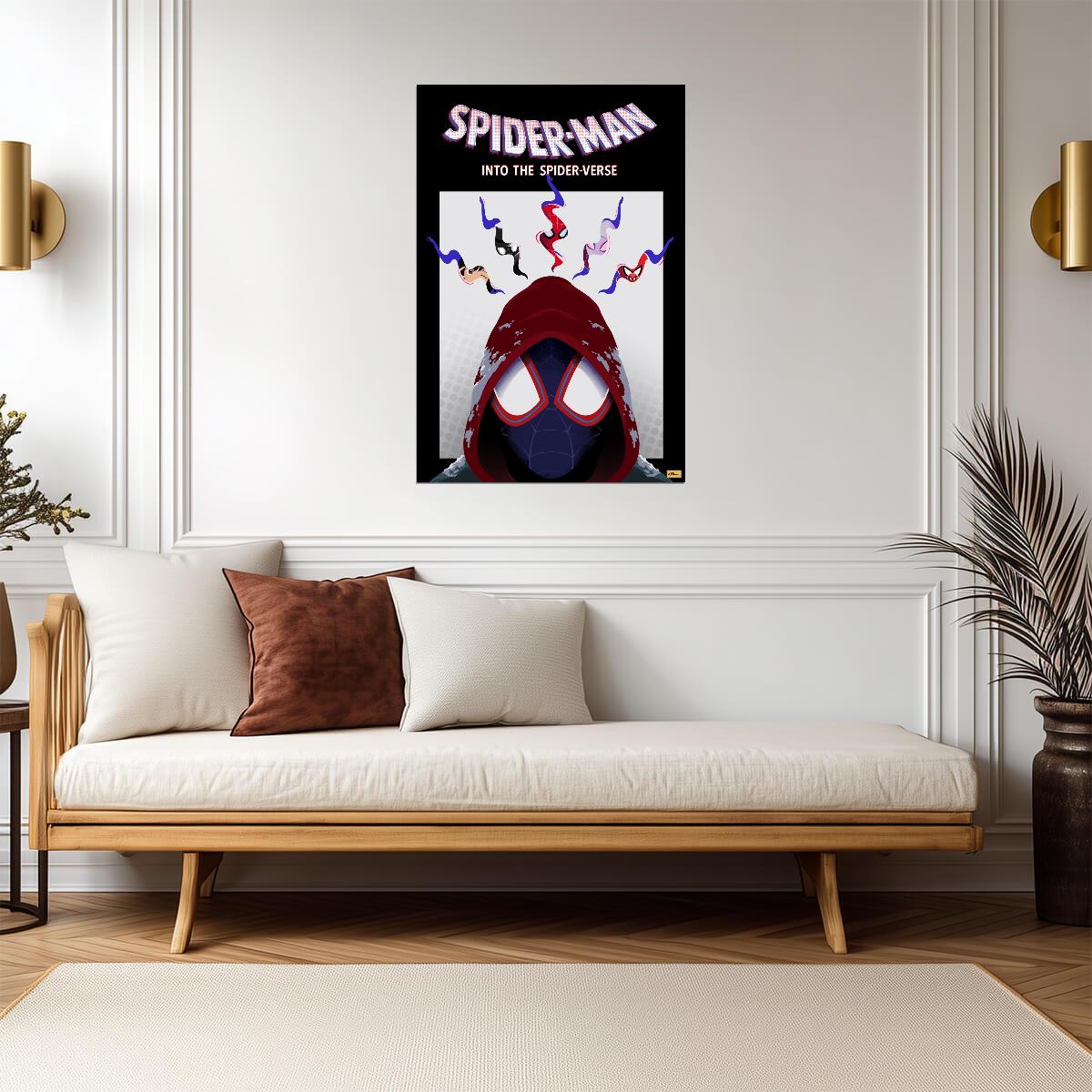 Spider-Man Into the Spider-Verse Movie Poster | Miles Hood with Hanging Spider Heroes - Movies & TV Poster