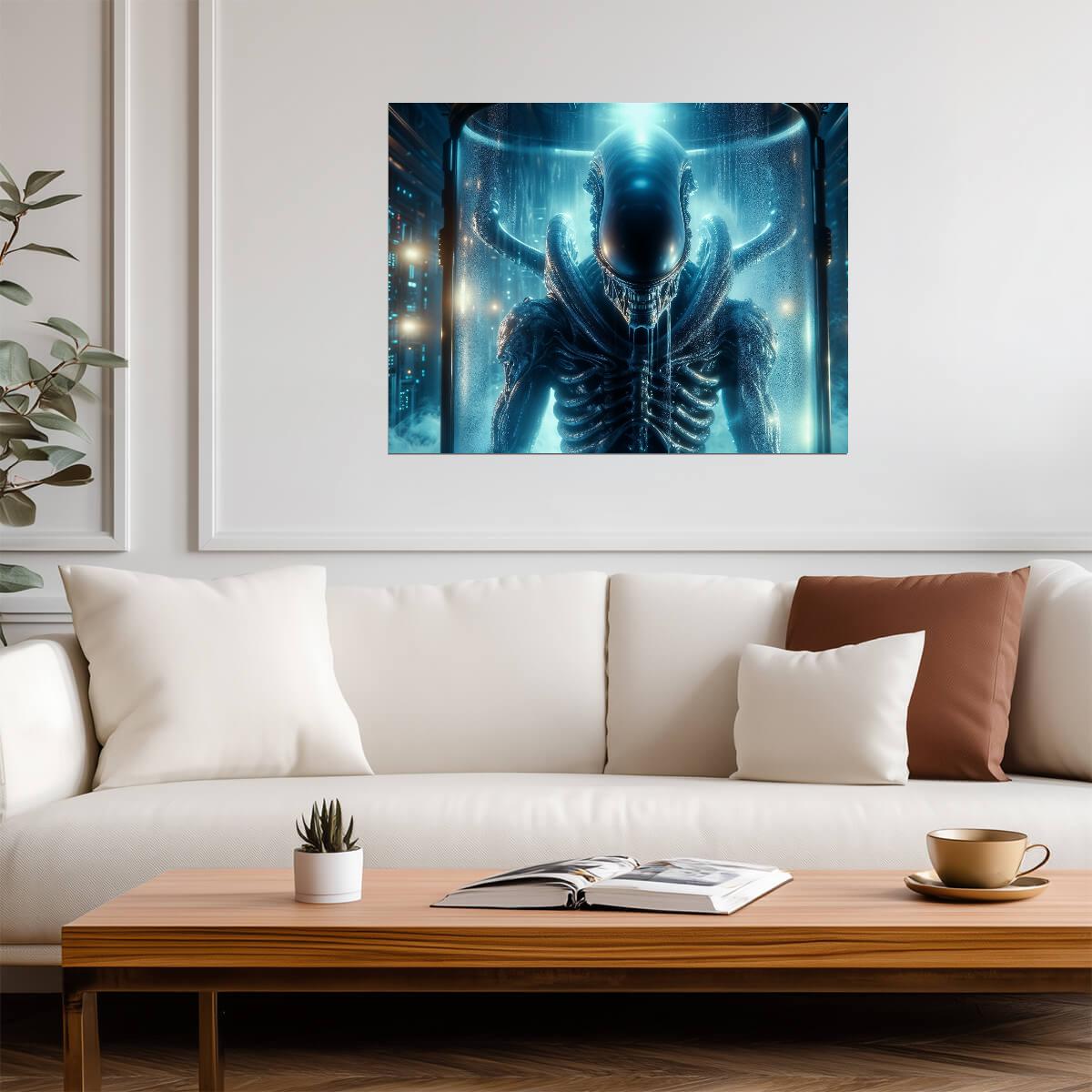 Alien Romulus Movie Poster | Xenomorph in a Blue Chamber - Movies & TV Poster