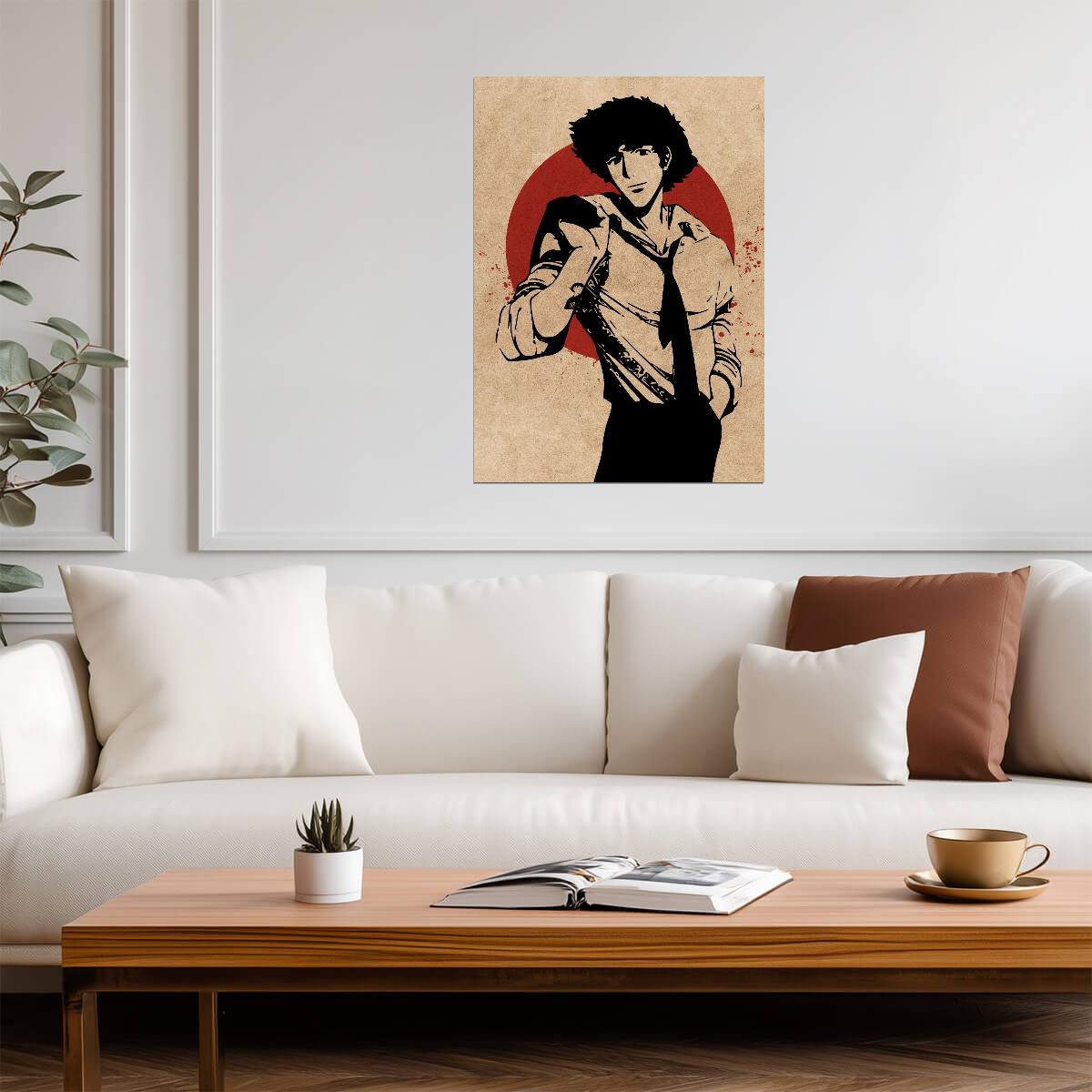 Cowboy Bebop Poster | Spike Spiegel with a Gun Against a Red Circle - Anime Poster