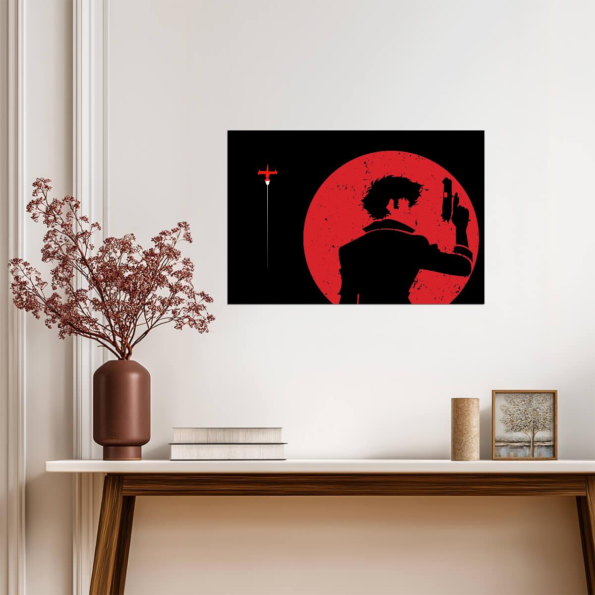 Cowboy Bebop Poster | Spike's Silhouette with a Pistol Against a Red Moon - Anime Poster
