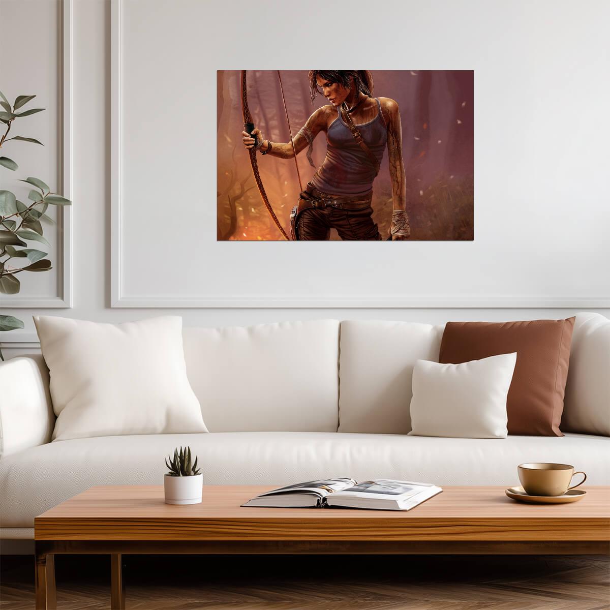 Tomb Raider Poster | Lara Croft Holding a Bow in a Misty Forest - Video Games Poster