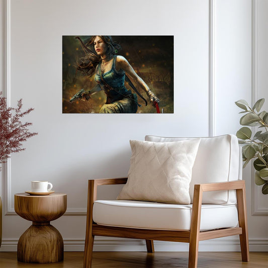 Tomb Raider Poster | Lara Croft with a Pistol in a Rainy Jungle - Video Games Poster