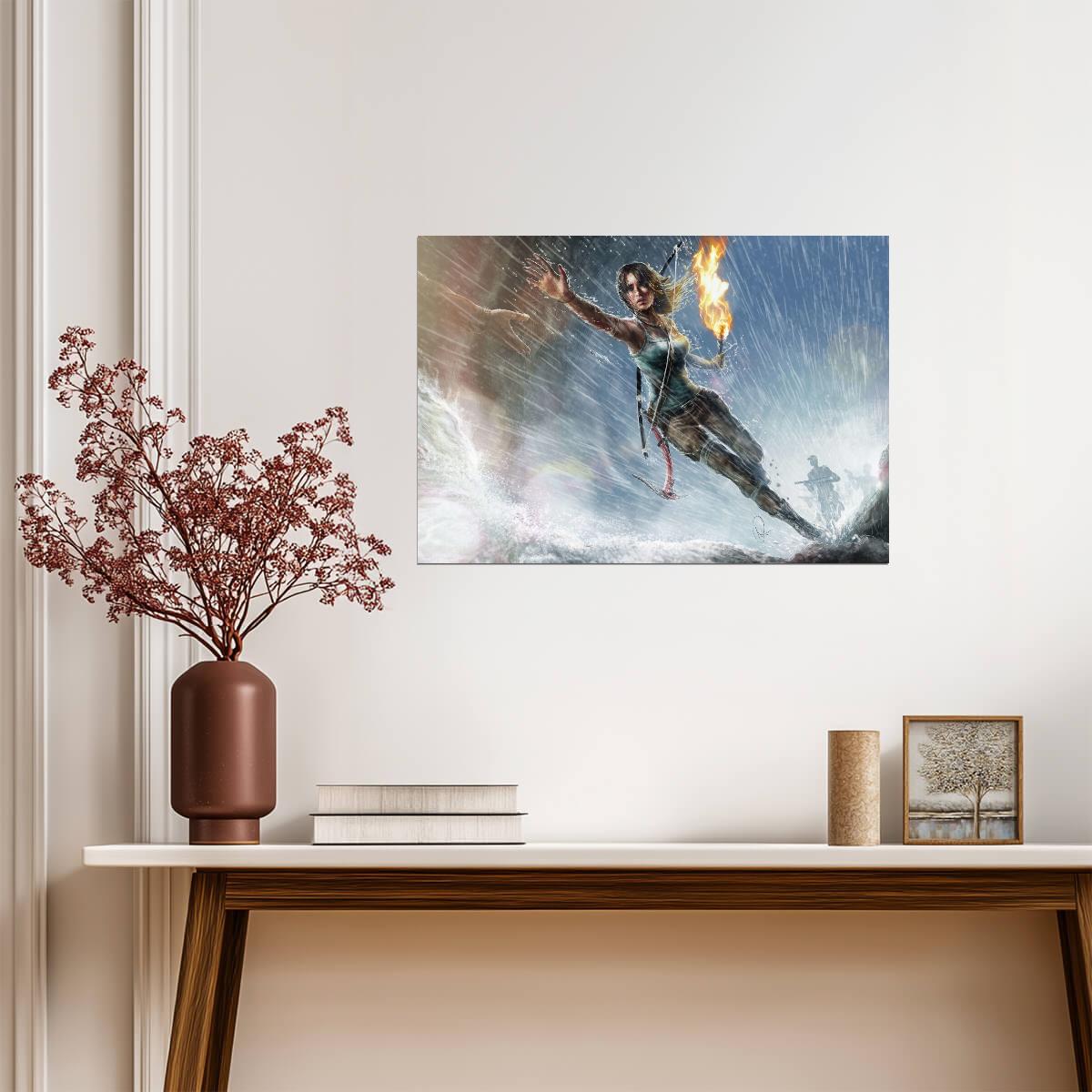 Tomb Raider Poster | Lara Croft Leaping Through Rain with a Torch - Video Games Poster