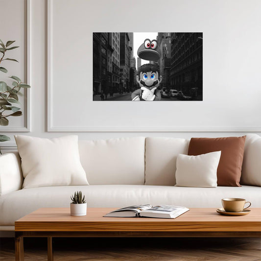 Super Mario Odyssey Poster | Mario and Cappy in a Black and White City - Video Games Poster