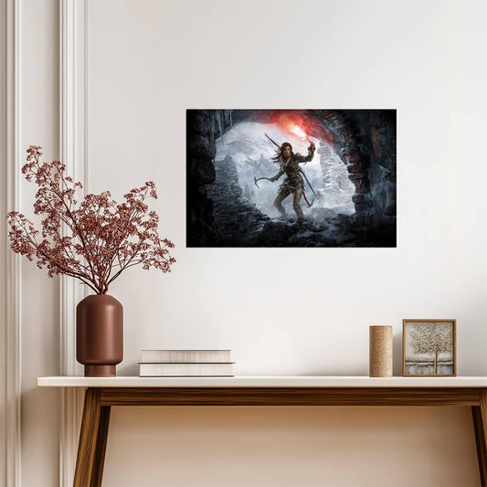 Rise of the Tomb Raider Poster | Lara Croft with a Red Flare in an Ice Cave - Video Games Poster