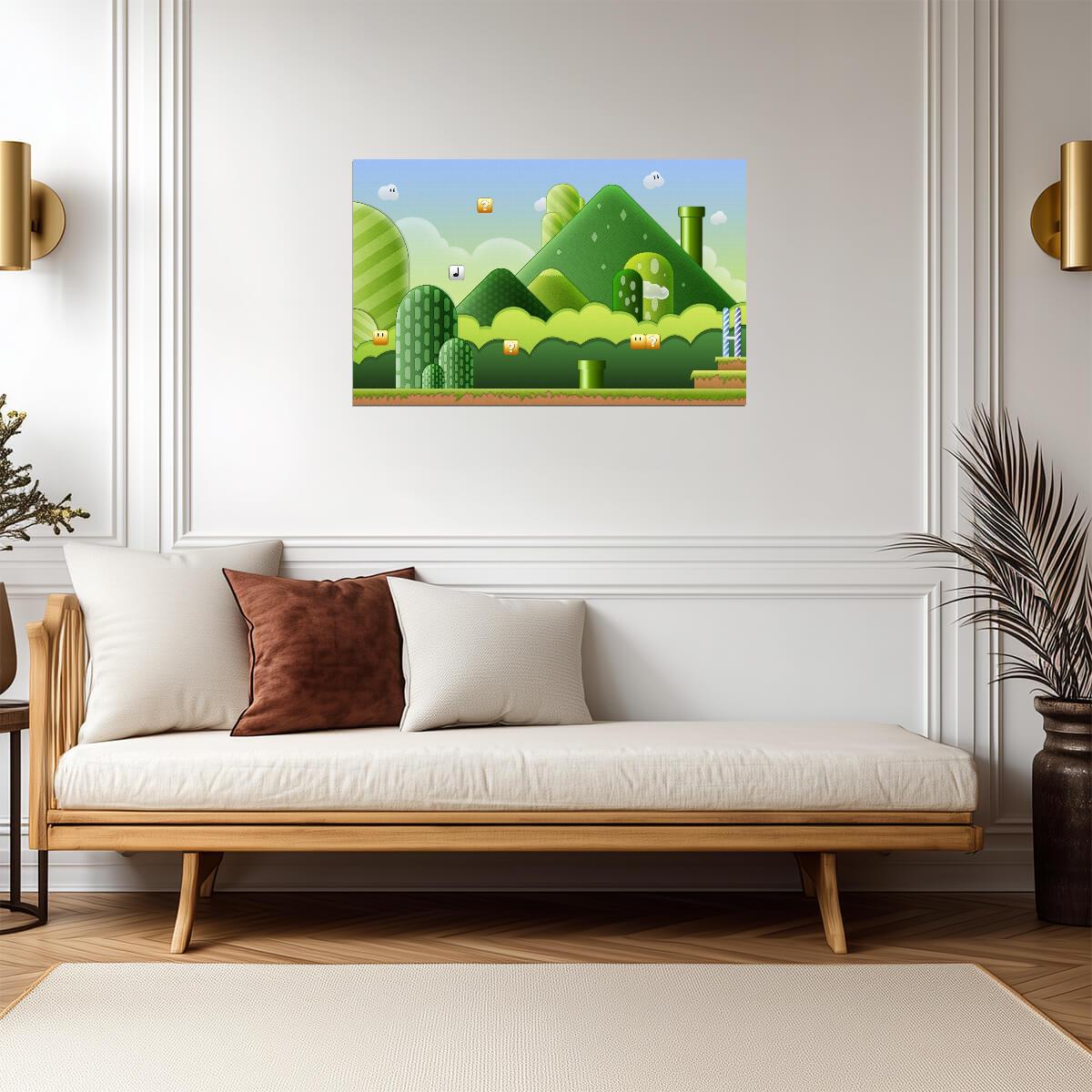Super Mario Poster | Mushroom Kingdom Hills, Pipes and Question Blocks - Video Games Poster