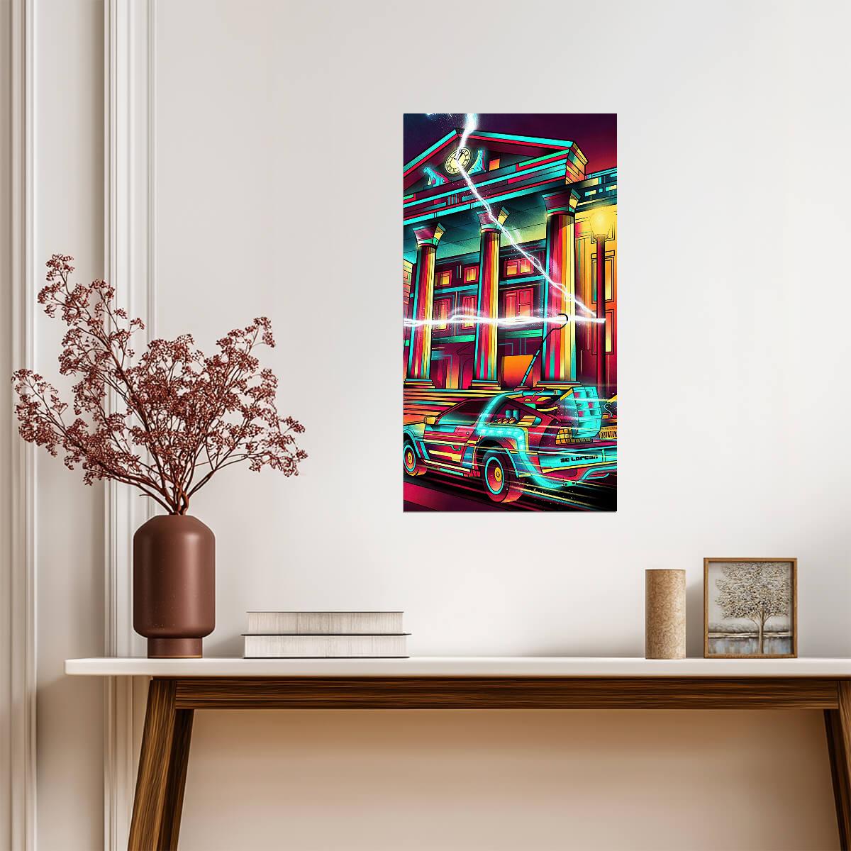 Back to the Future Movie Poster | Neon DeLorean and Clock Tower - Movies & TV Poster