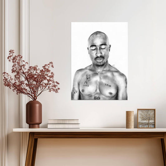 2Pac Shirtless Portrait Poster | Black and White Drawing - Music Poster
