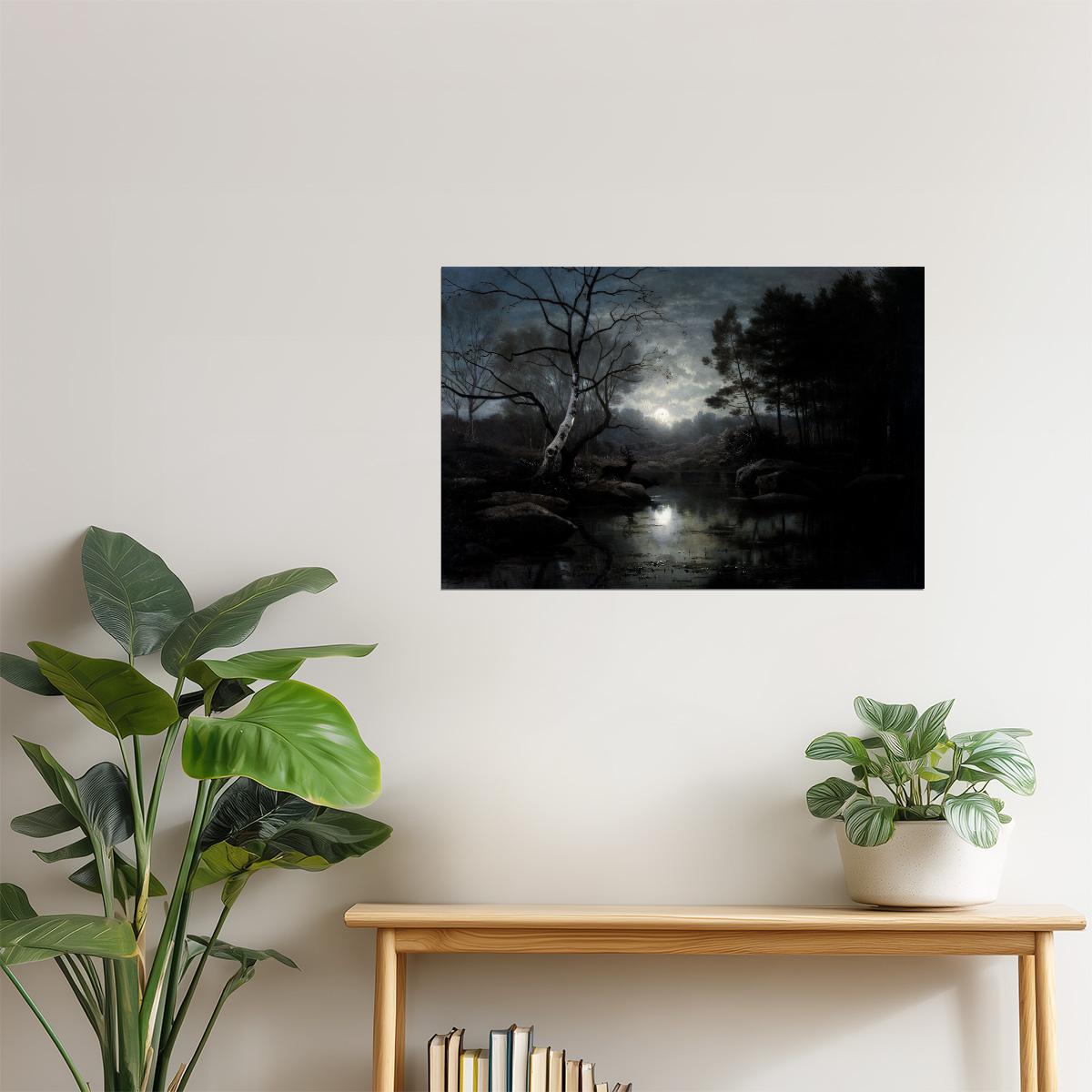Moonlit Lake in Night Forest | Dark Academia Painting Print Poster