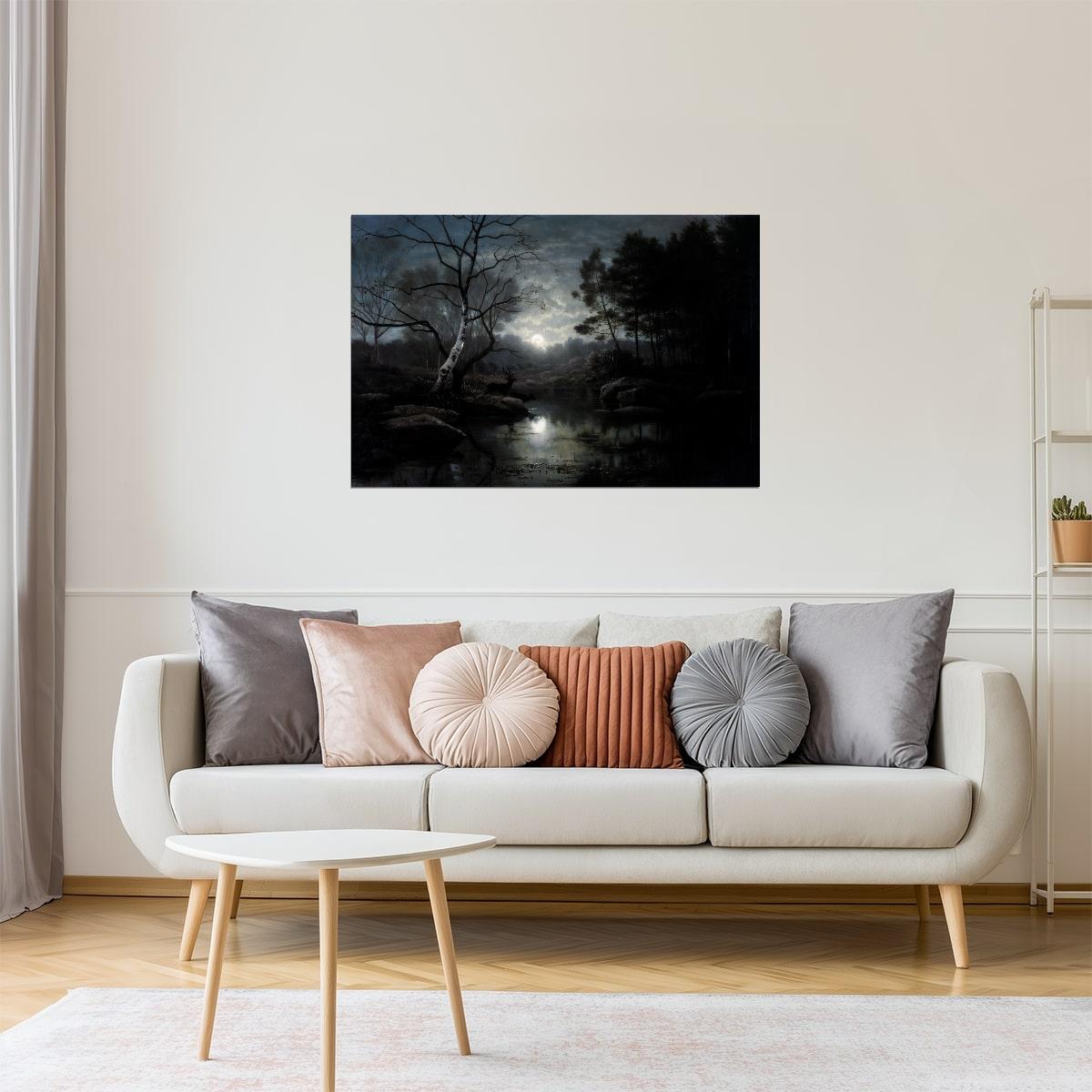 Moonlit Lake in Night Forest | Dark Academia Painting Print Poster
