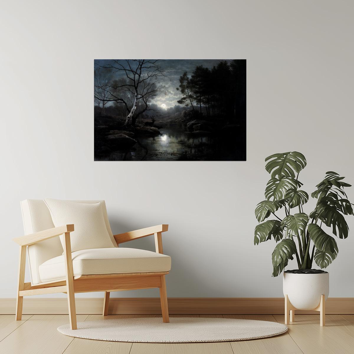 Moonlit Lake in Night Forest | Dark Academia Painting Print Poster