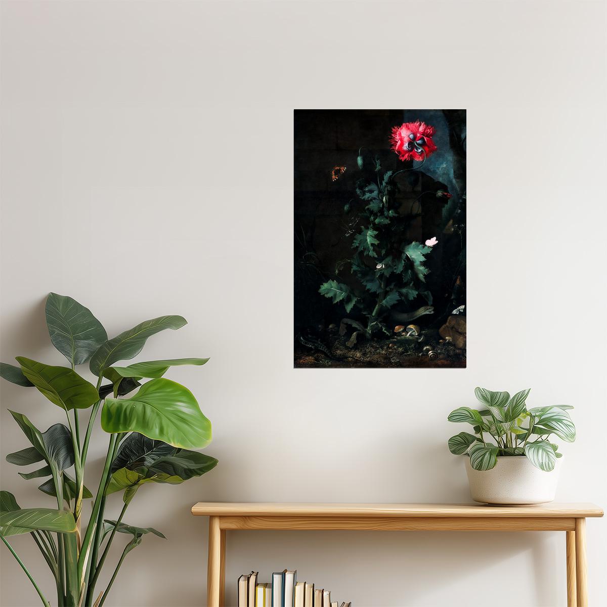 Red Poppy with Butterfly | Dark Floral Art Print Poster