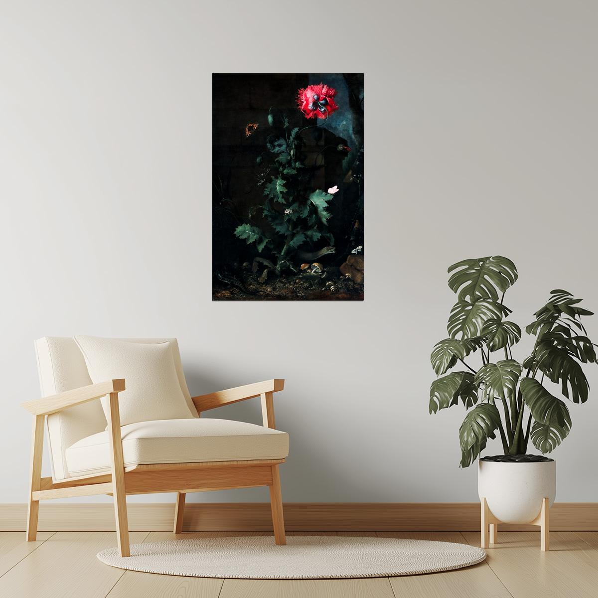 Red Poppy with Butterfly | Dark Floral Art Print Poster